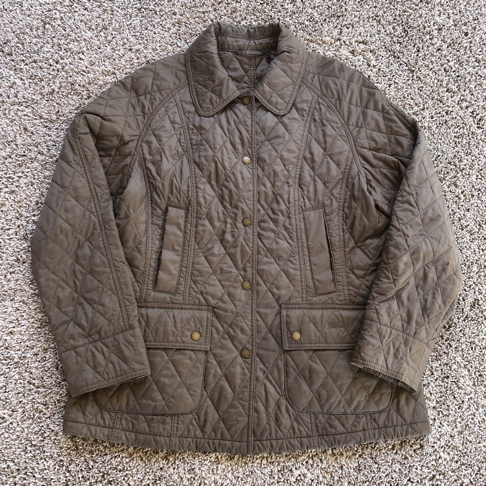 Barbour Summer Beadnell Quilted Jacket Coat US 12 / L  Brown Snap Button Collar